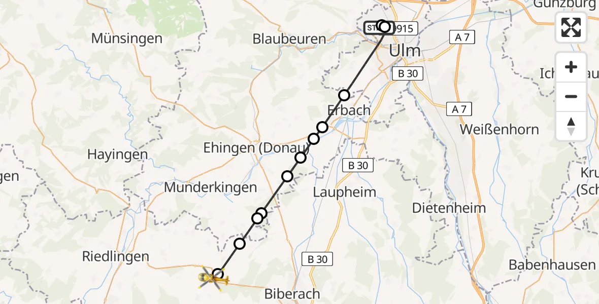 Flugroute Rettungshubschrauber Ulm Military Hospital Emergency - Uttenweiler, 25 Juni 2026, 13:28