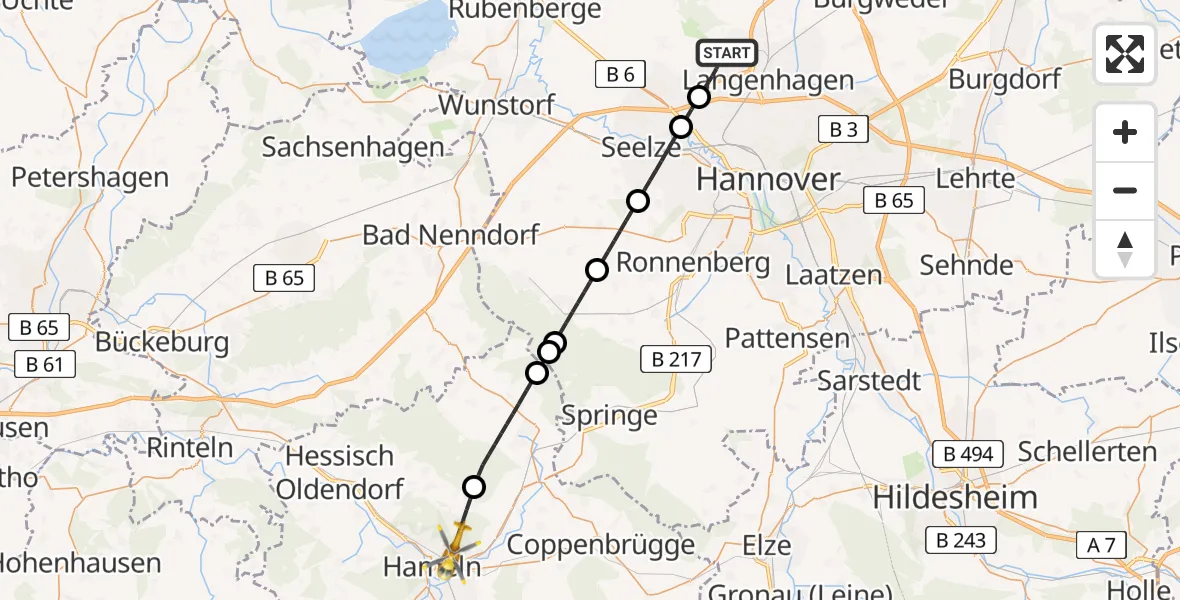 Flugroute Rettungshubschrauber Flughafen Hannover - Hameln, 25 Juni 2026, 13:30