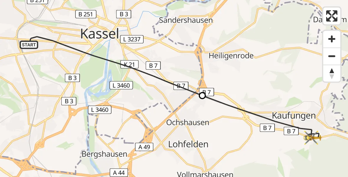 Flugroute Rettungshubschrauber Kassel - Kaufungen, 25 Juni 2026, 13:33