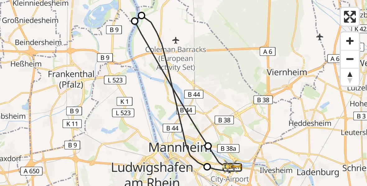 Flugroute Rettungshubschrauber Mannheim-City Flughafen - Mannheim-City Flughafen, 25 Juni 2026, 13:36