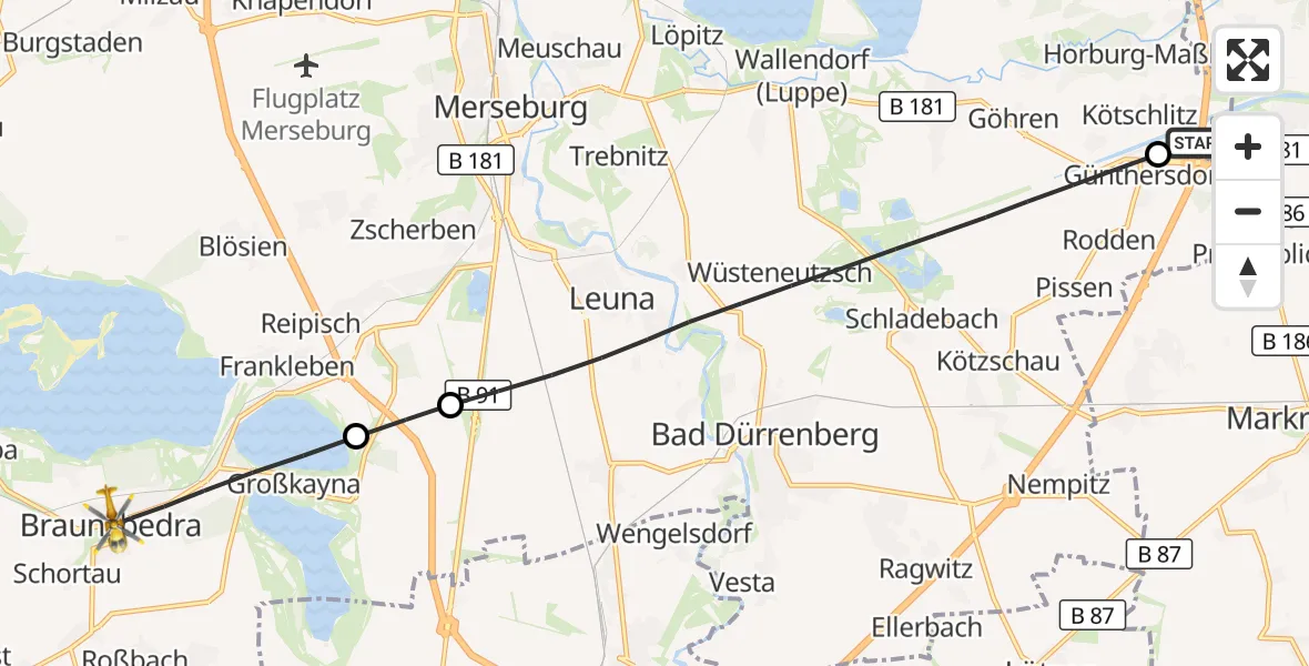 Flugroute Rettungshubschrauber ADAC Air Rescue Station Leipzig/Schkeuditz-Dölzig Hubschrauberlandeplatz (Christoph 61) - Braunsbedra, 25 Juni 2026, 13:41