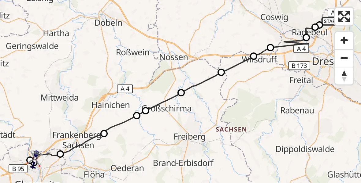 Flugroute Polizeihubschrauber Dresden - Chemnitz, 25 Juni 2026, 13:43