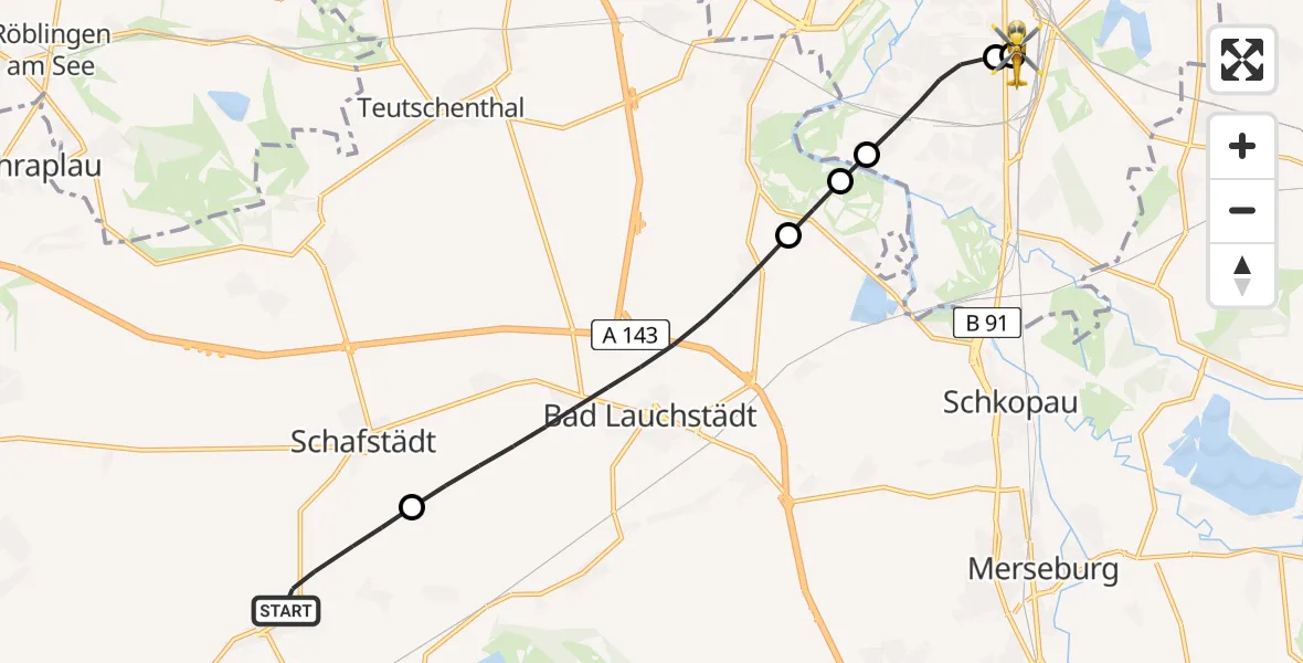 Flugroute Rettungshubschrauber Mücheln (Geiseltal) - BG Hospital Bergmannstrost Halle, 25 Juni 2026, 13:47