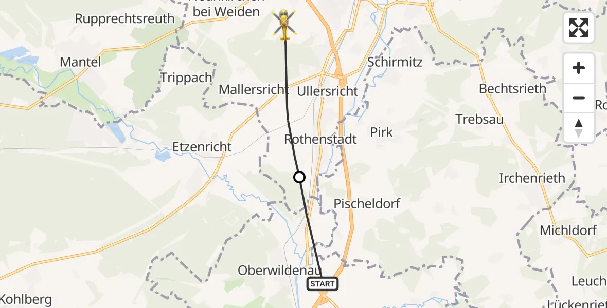Flugroute Rettungshubschrauber Luhe-Wildenau - Weiden i.d.OPf., 25 Juni 2026, 13:48
