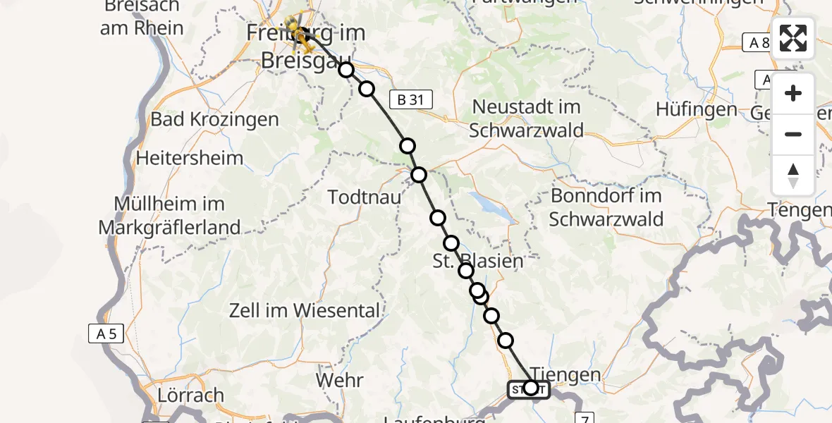 Flugroute Ambulanzhubschrauber Full-Reuenthal - Freiburg University Hospital Heliport 1, 25 Juni 2026, 13:48