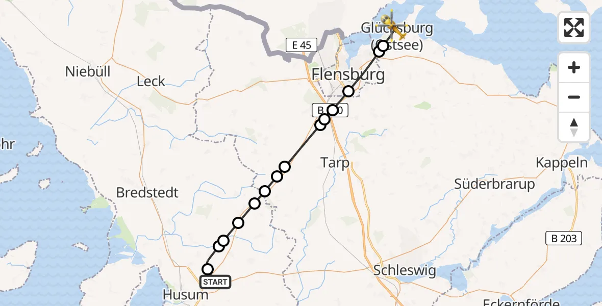 Flugroute Rettungshubschrauber Schwesing - Glücksburg (Ostsee), 25 Juni 2026, 13:49