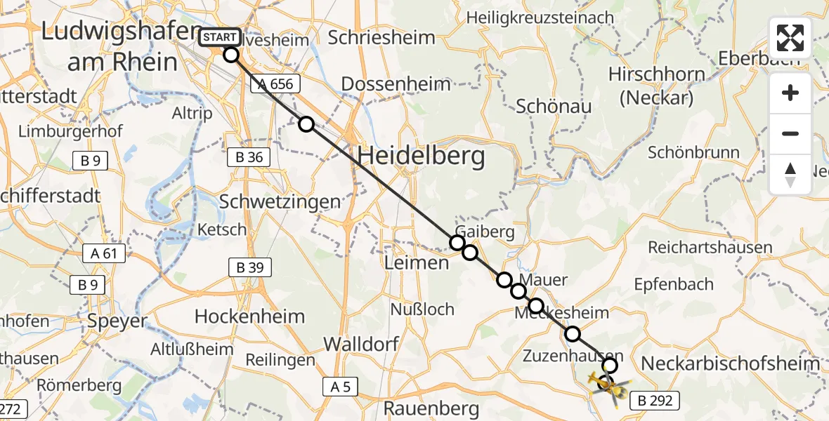 Flugroute Rettungshubschrauber Mannheim-City Flughafen - Sinsheim, 25 Juni 2026, 13:53