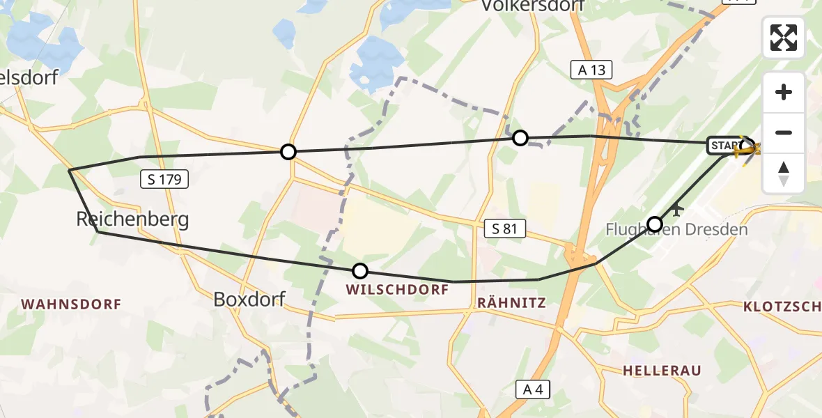 Flugroute Rettungshubschrauber Dresden Flughafen - Dresden Bundespolizei Hubschrauberlandeplatz, 25 Juni 2026, 13:55