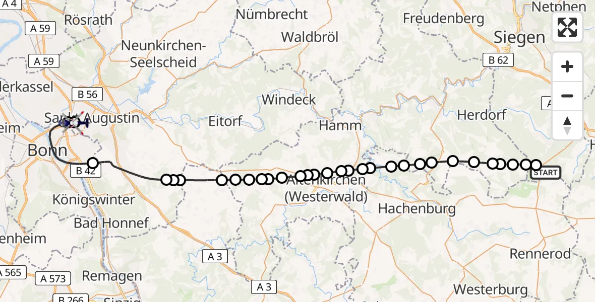 Flugroute Polizeihubschrauber Siegerland Flughafen - Sankt Augustin, 25 Juni 2026, 14:01