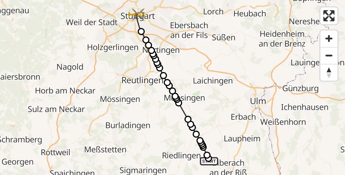Flugroute Rettungshubschrauber Uttenweiler - Stuttgart, 25 Juni 2026, 14:03