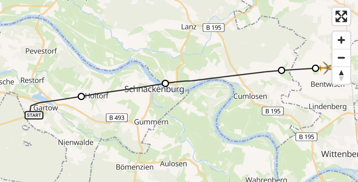 Flugroute Rettungshubschrauber Gartow - Wittenberge, 25 Juni 2026, 14:08
