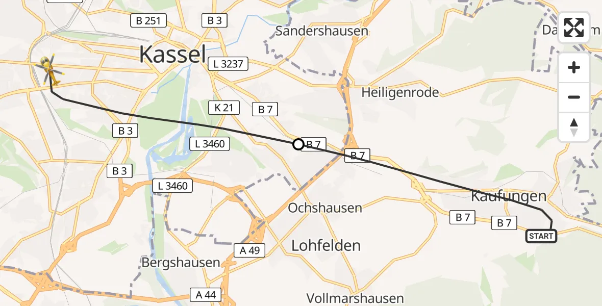 Flugroute Rettungshubschrauber Kaufungen - Kassel, 25 Juni 2026, 14:16