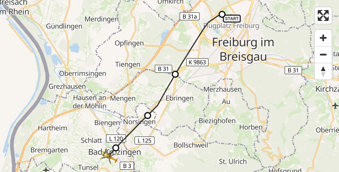 Flugroute Ambulanzhubschrauber Freiburg im Breisgau Flugplatz - Bad Krozingen, 25 Juni 2026, 14:17