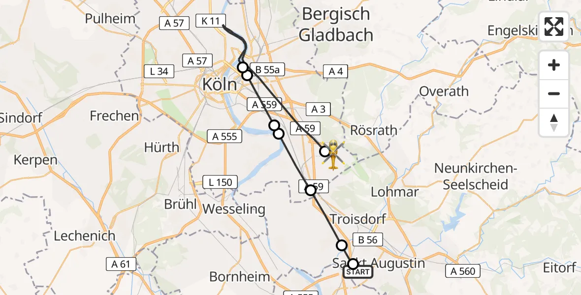 Flugroute Rettungshubschrauber Bonn-Hangelar Flugplatz - Köln Bonn Flughafen, 25 Juni 2026, 14:21
