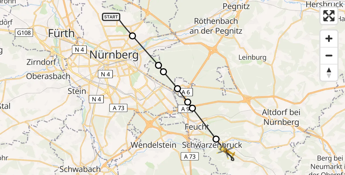 Flugroute Rettungshubschrauber Flughafen Nuremberg - Schwarzenbruck, 25 Juni 2026, 14:22