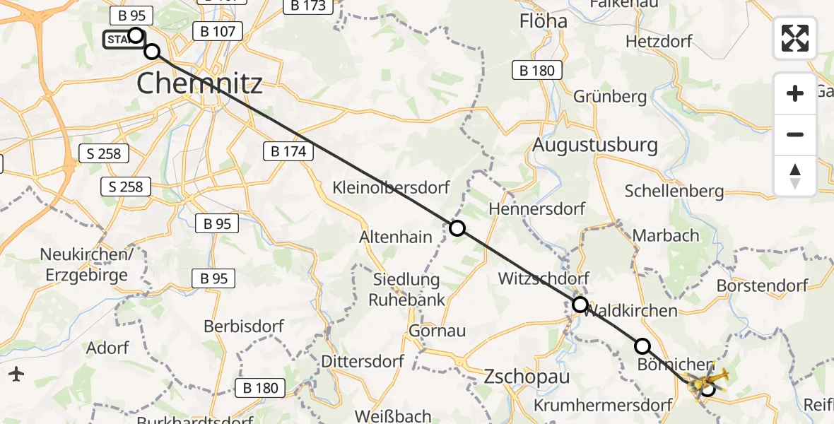 Flugroute Rettungshubschrauber Flemmingstraße Hospital Rooftop - Pockau-Lengefeld, 25 Juni 2026, 14:29