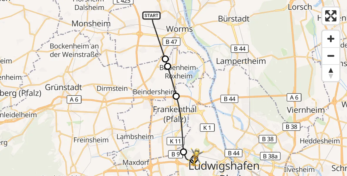 Flugroute Rettungshubschrauber Worms - Ludwigshafen Accident Hospital, 25 Juni 2026, 14:29