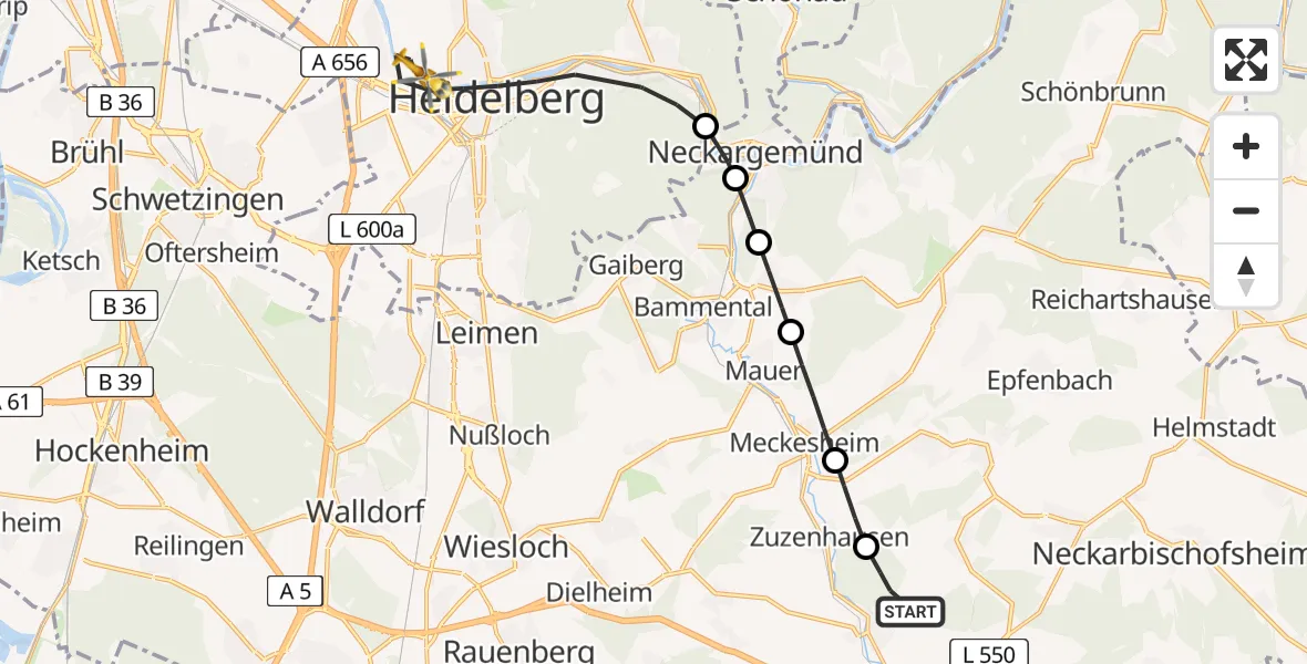 Flugroute Rettungshubschrauber Sinsheim - Heidelberg, 25 Juni 2026, 14:29