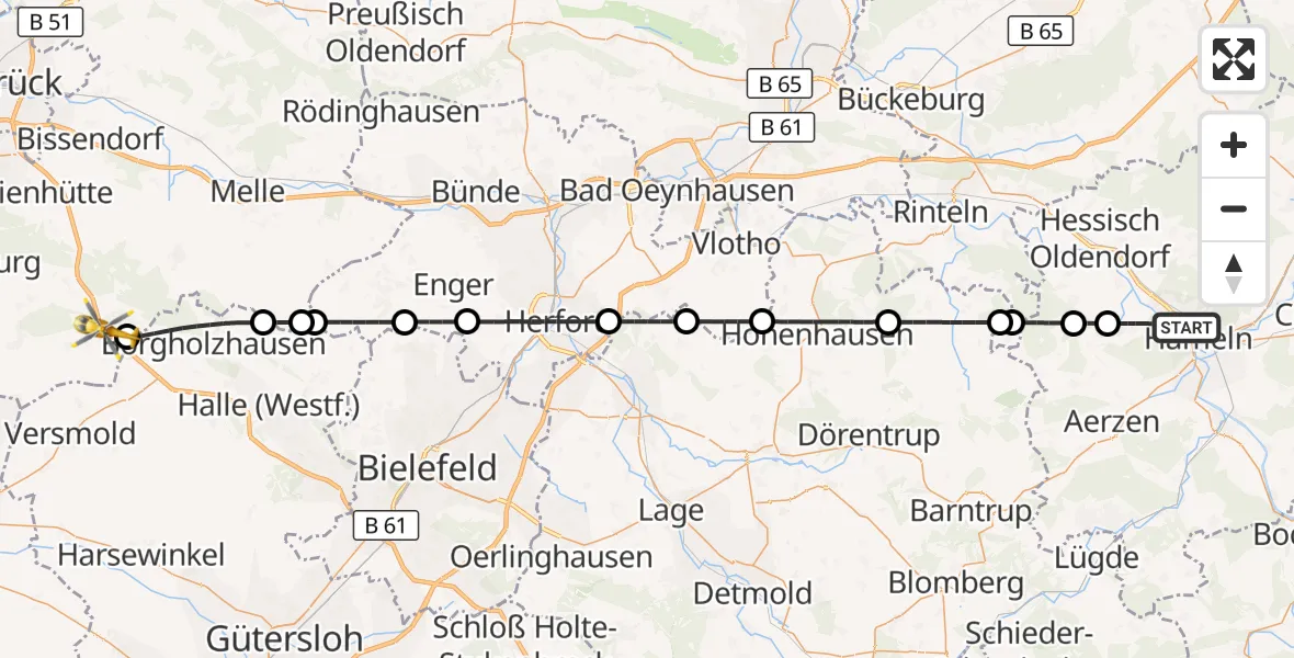 Flugroute Rettungshubschrauber Hameln - Dissen am Teutoburger Wald, 25 Juni 2026, 14:32