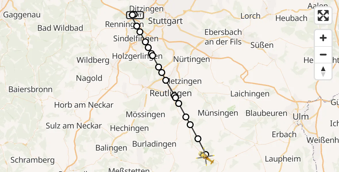 Flugroute Rettungshubschrauber Leonberg Hospital - Zwiefalten, 25 Juni 2026, 14:35