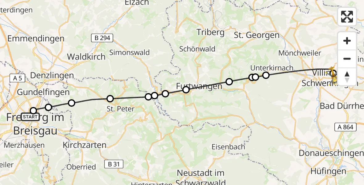 Flugroute Ambulanzhubschrauber Freiburg University Hospital Heliport 1 - DRF Air Rescue Station Villingen-Schwenningen Hubschrauberlandeplatz (Christoph 11), 25 Juni 2026, 14:37