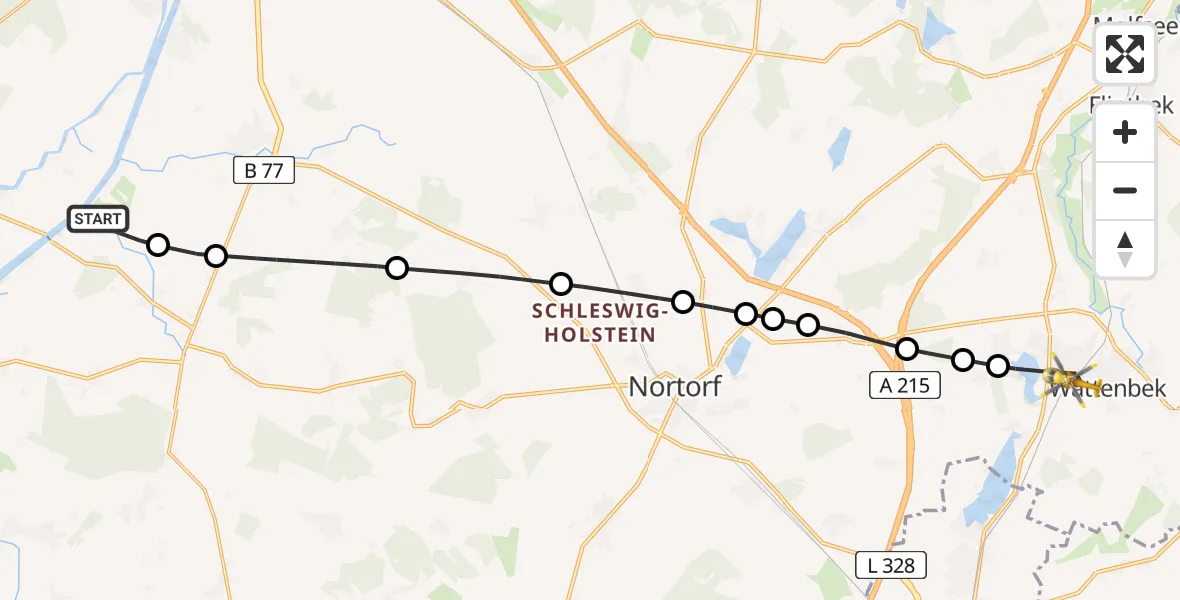 Flugroute Ambulanzhubschrauber Hörsten - Bordesholm, 25 Juni 2026, 14:49