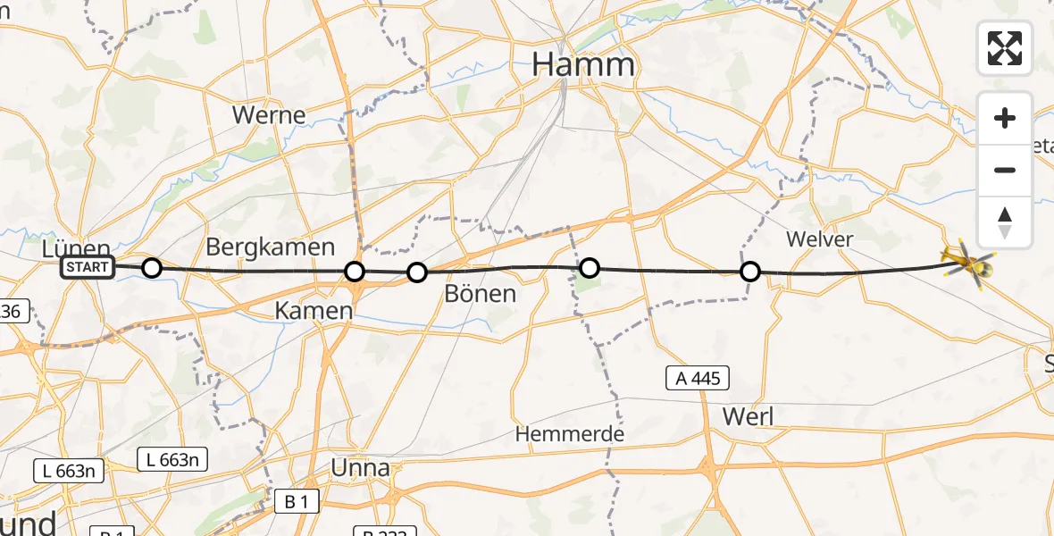Flugroute Rettungshubschrauber Lünen - Welver, 25 Juni 2026, 14:49