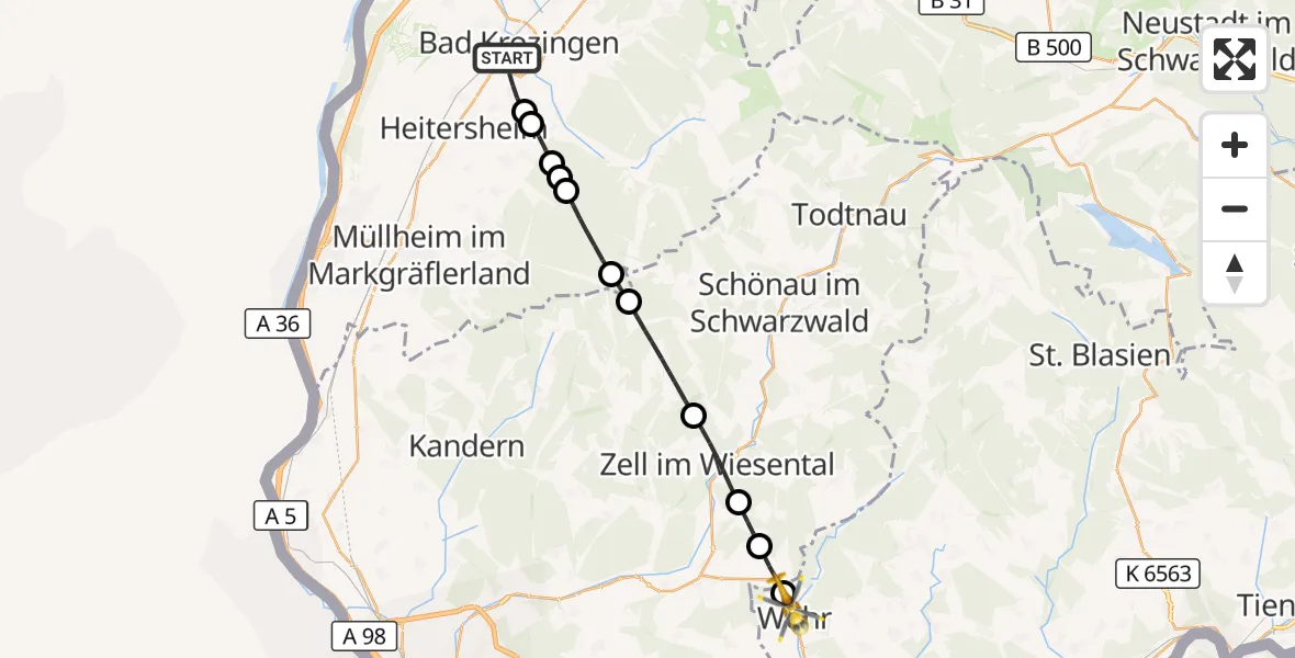Flugroute Ambulanzhubschrauber Bad Krozingen - Wehr, 25 Juni 2026, 14:52