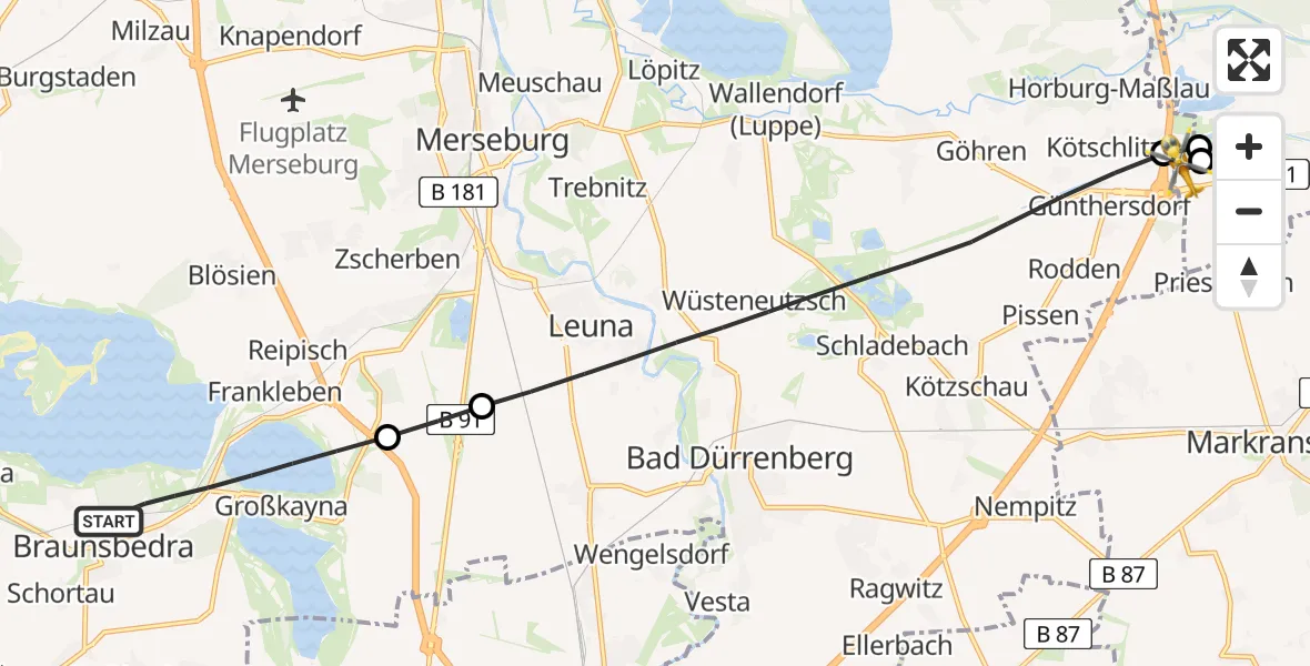 Flugroute Rettungshubschrauber Braunsbedra - ADAC Air Rescue Station Leipzig/Schkeuditz-Dölzig Hubschrauberlandeplatz (Christoph 61), 25 Juni 2026, 14:53