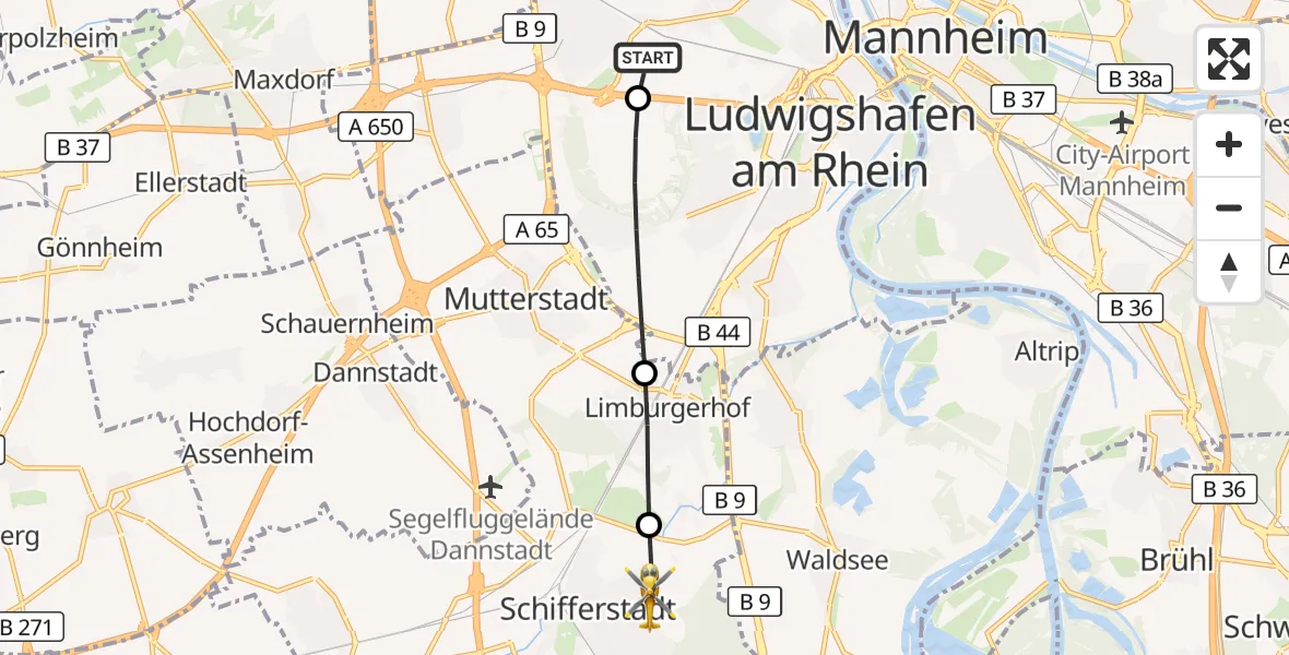 Flugroute Rettungshubschrauber Ludwigshafen Accident Hospital - Schifferstadt, 25 Juni 2026, 14:55