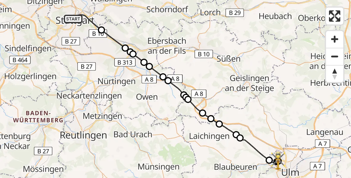 Flugroute Rettungshubschrauber Stuttgart - ADAC Air Rescue Station Ulm (Christoph 22), 25 Juni 2026, 14:56