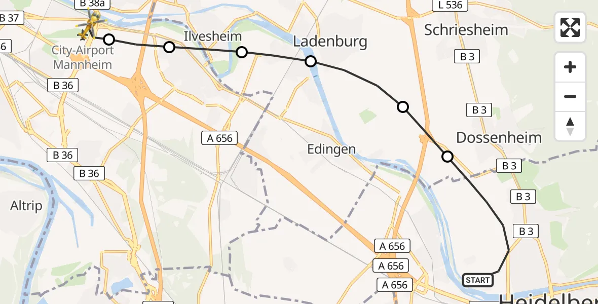 Flugroute Rettungshubschrauber Heidelberg - Mannheim-City Flughafen, 25 Juni 2026, 15:02