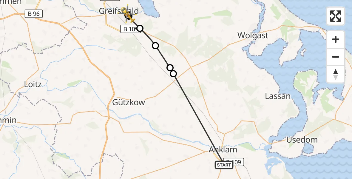 Flugroute Rettungshubschrauber Anklam - Greifswald Hospital, 25 Juni 2026, 15:03