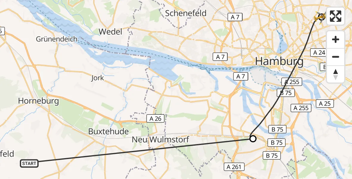 Flugroute Rettungshubschrauber Harsefeld - Hamburg Military Hospital, 25 Juni 2026, 15:04