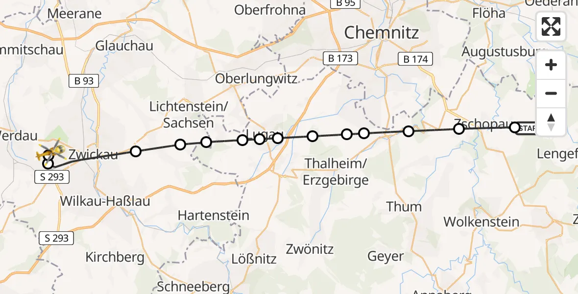 Flugroute Rettungshubschrauber Börnichen/Erzgeb. - ADAC Air Rescue Station Zwickau Hubschrauberlandeplatz, 25 Juni 2026, 15:10