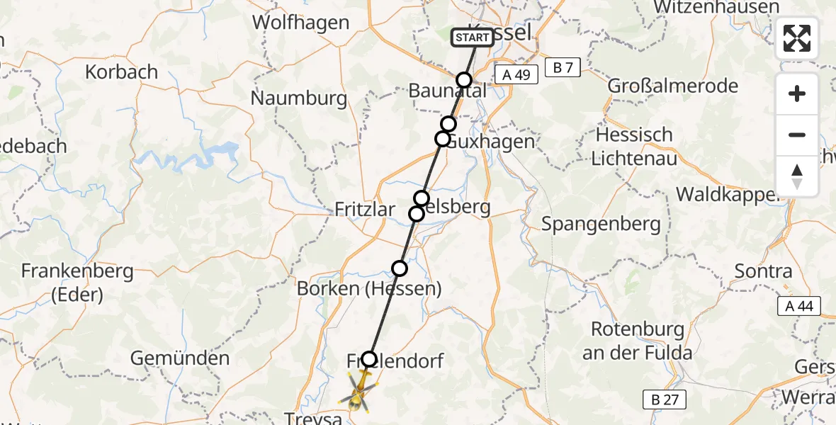 Flugroute Rettungshubschrauber Kassel - Frielendorf, 25 Juni 2026, 15:16