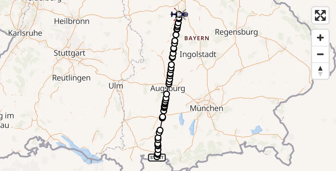 Flugroute Polizeihubschrauber Füssen - Flugplatz Roth, 25 Juni 2026, 15:29