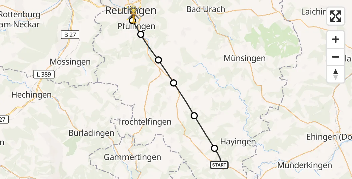 Flugroute Rettungshubschrauber Zwiefalten - Reutlingen, 25 Juni 2026, 15:30