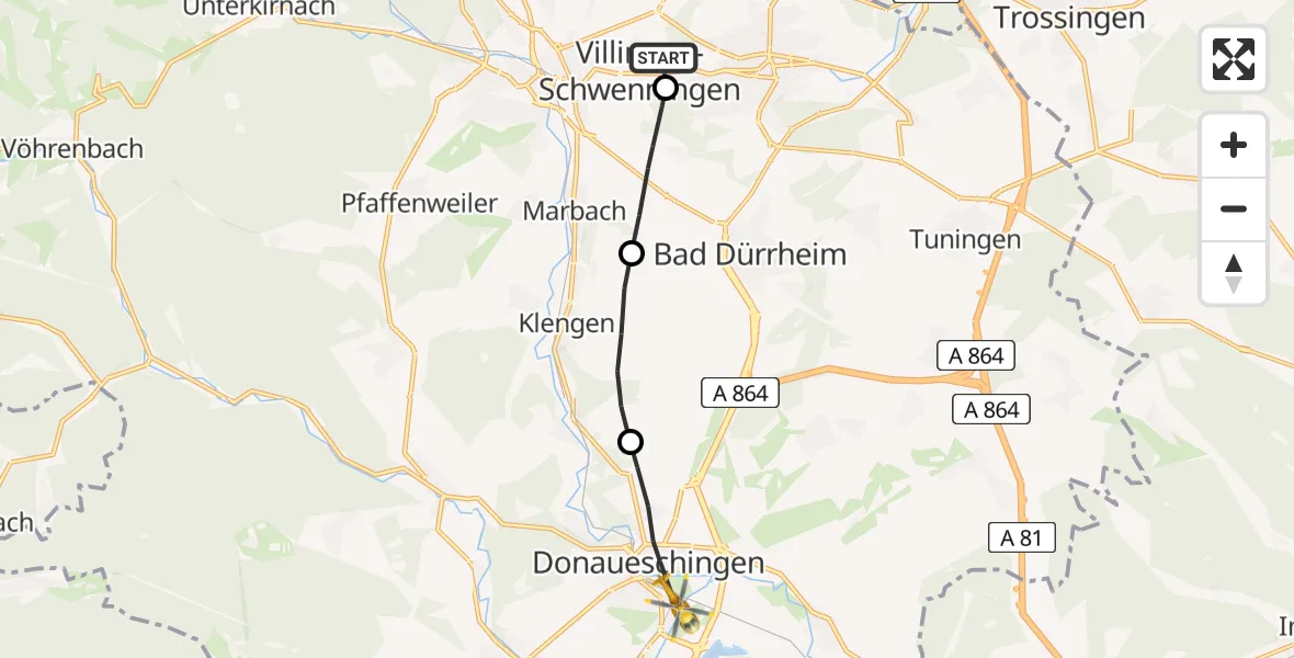 Flugroute Ambulanzhubschrauber DRF Air Rescue Station Villingen-Schwenningen Hubschrauberlandeplatz (Christoph 11) - Donaueschingen, 25 Juni 2026, 15:30