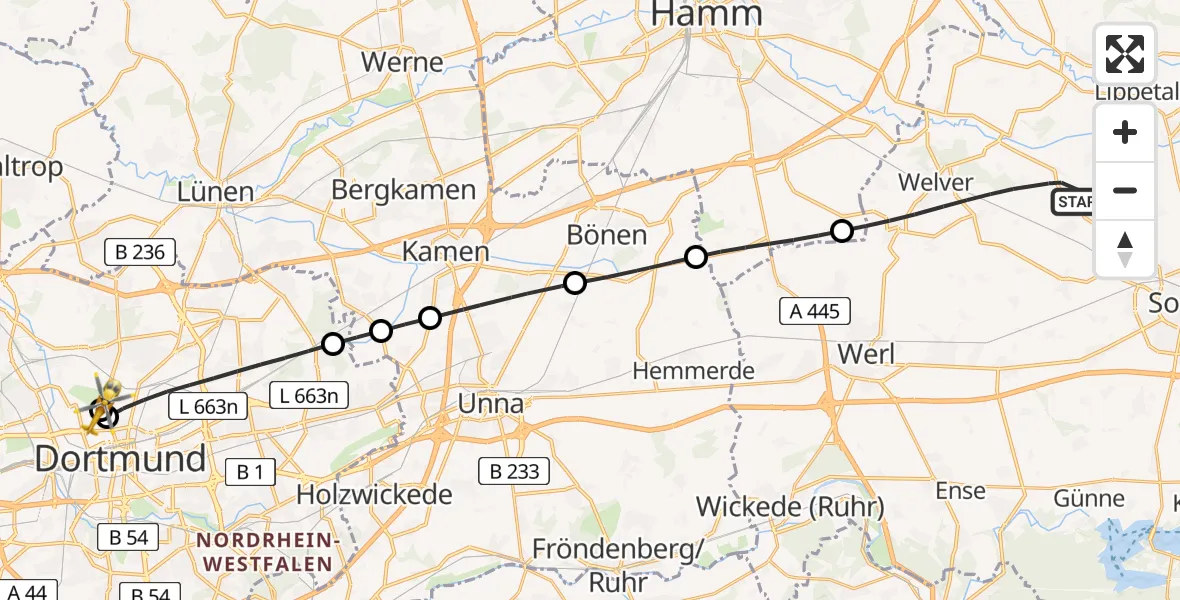 Flugroute Rettungshubschrauber Welver - Dortmund Hospital North, 25 Juni 2026, 15:33