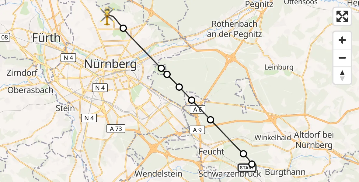 Flugroute Rettungshubschrauber Rummelsberg Hospital - Flughafen Nuremberg, 25 Juni 2026, 15:33