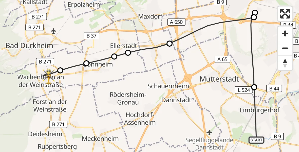 Flugroute Rettungshubschrauber Limburgerhof - Wachenheim an der Weinstraße, 25 Juni 2026, 15:34