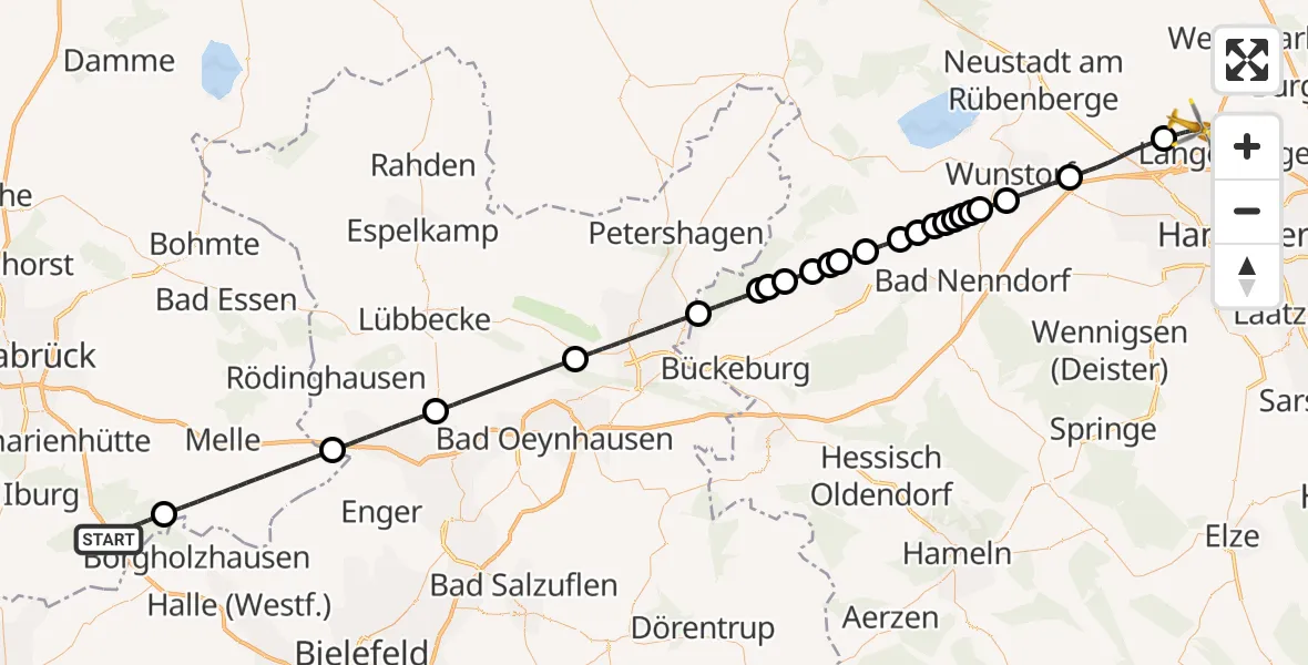 Flugroute Rettungshubschrauber Dissen am Teutoburger Wald - Flughafen Hannover, 25 Juni 2026, 15:37