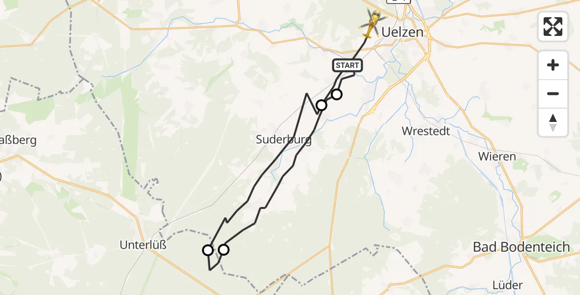 Flugroute Rettungshubschrauber Uelzen - ADAC Air Rescue Station Uelzen Hubschrauberlandeplatz (Christoph 19), 25 Juni 2026, 15:44