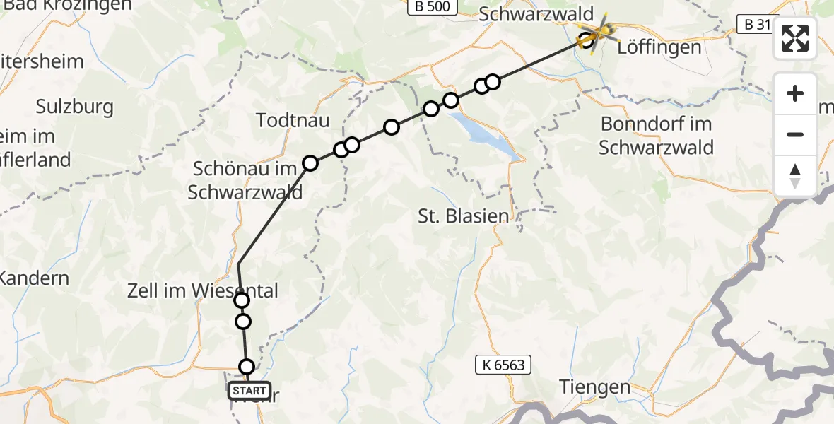 Flugroute Ambulanzhubschrauber Wehr - Friedenweiler, 25 Juni 2026, 15:45