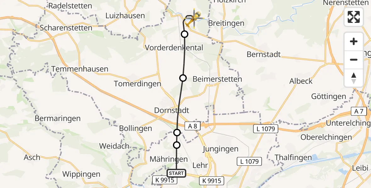 Flugroute Rettungshubschrauber Ulm Military Hospital Emergency - Westerstetten, 25 Juni 2026, 15:51
