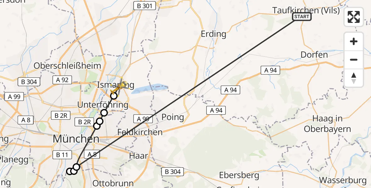 Flugroute Rettungshubschrauber Taufkirchen (Vils) - Ismaning, 25 Juni 2026, 15:54