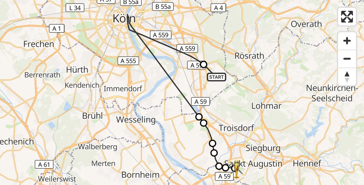 Flugroute Rettungshubschrauber Köln Bonn Flughafen - Bonn-Hangelar Flugplatz, 25 Juni 2026, 15:59