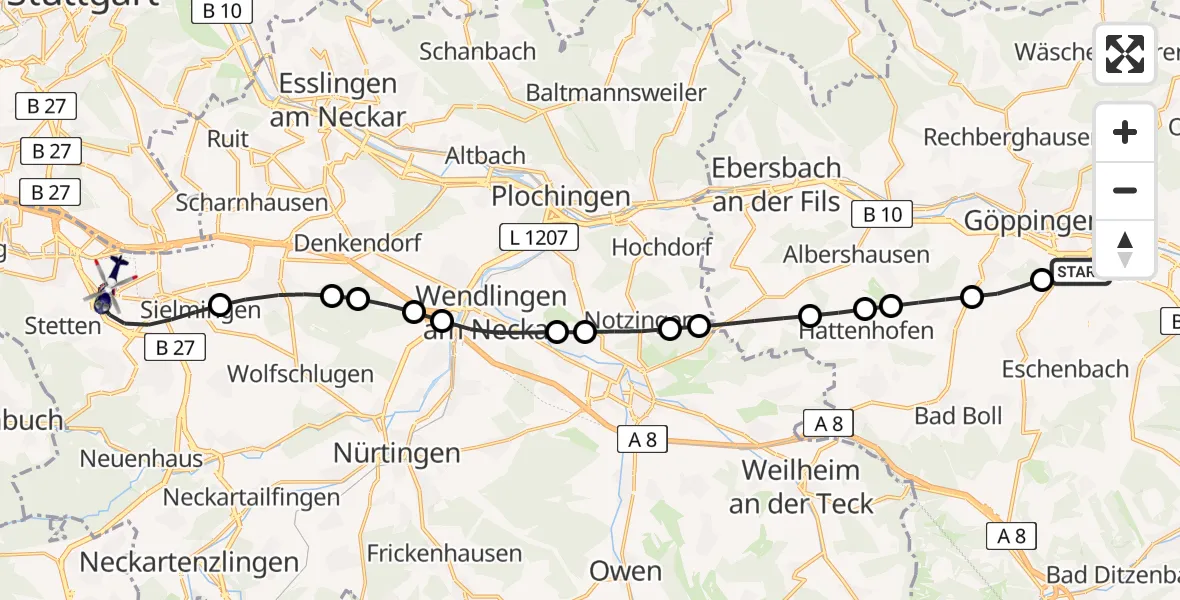 Flugroute Polizeihubschrauber Göppingen - Flughafen Stuttgart, 25 Juni 2026, 16:01
