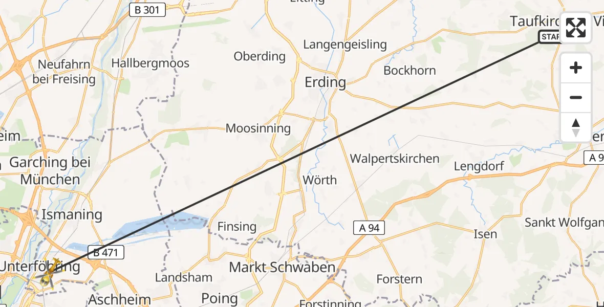 Flugroute Rettungshubschrauber Taufkirchen (Vils) - Unterföhring, 25 Juni 2026, 16:04